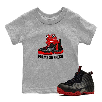 Foams So Fresh baby and kids t-shirt crafted for little sneakerheads to shine with the Air Foamposite Cough Drop sneakers, displayed in Heather Grey 1.