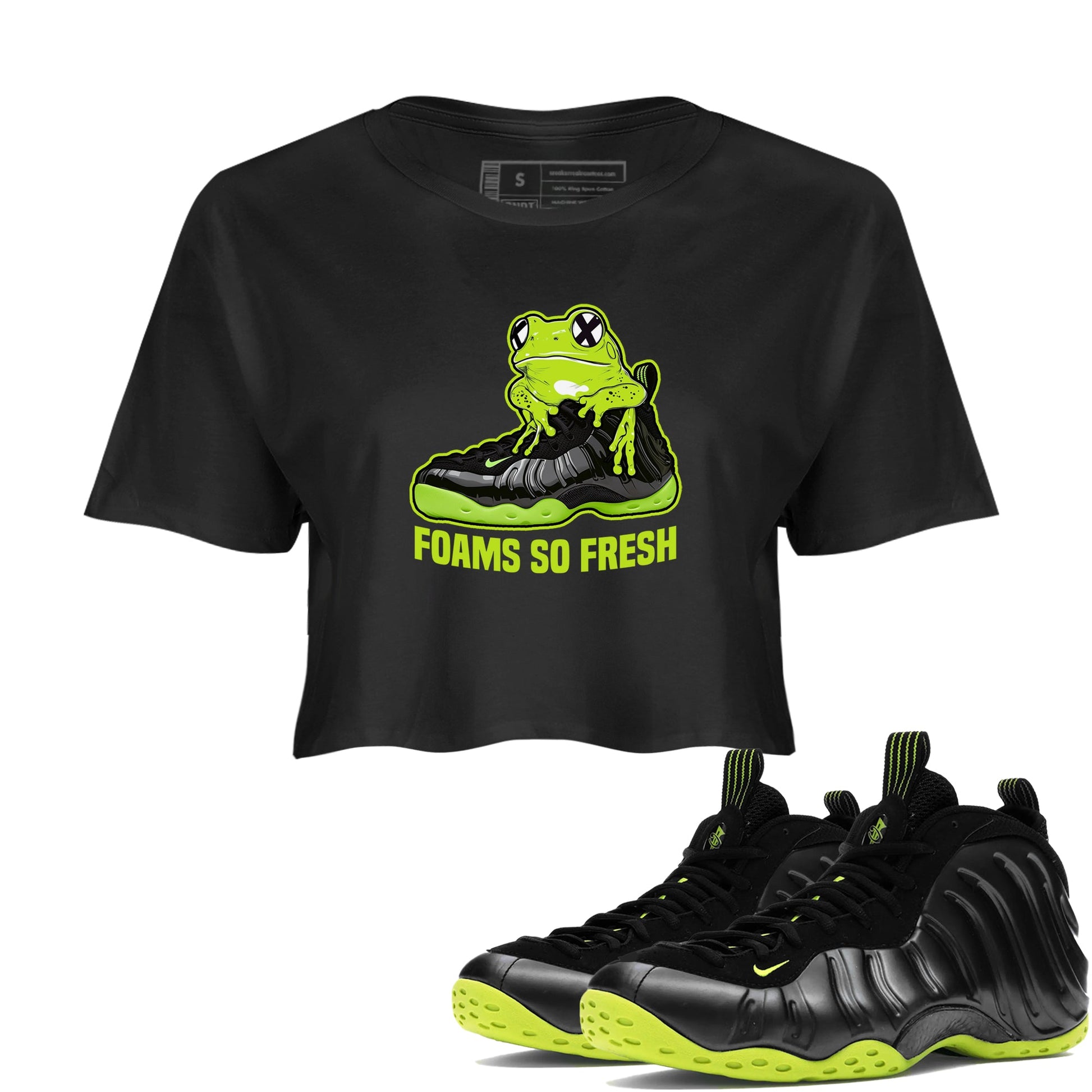 Foams One Black Volt best t shirts to wear with jordans Foams So Fresh sneaker match tees Air Foamposite One Black Volt match shoes to clothes SNRT Sneaker Tees unisex cotton Black 1 crop tee