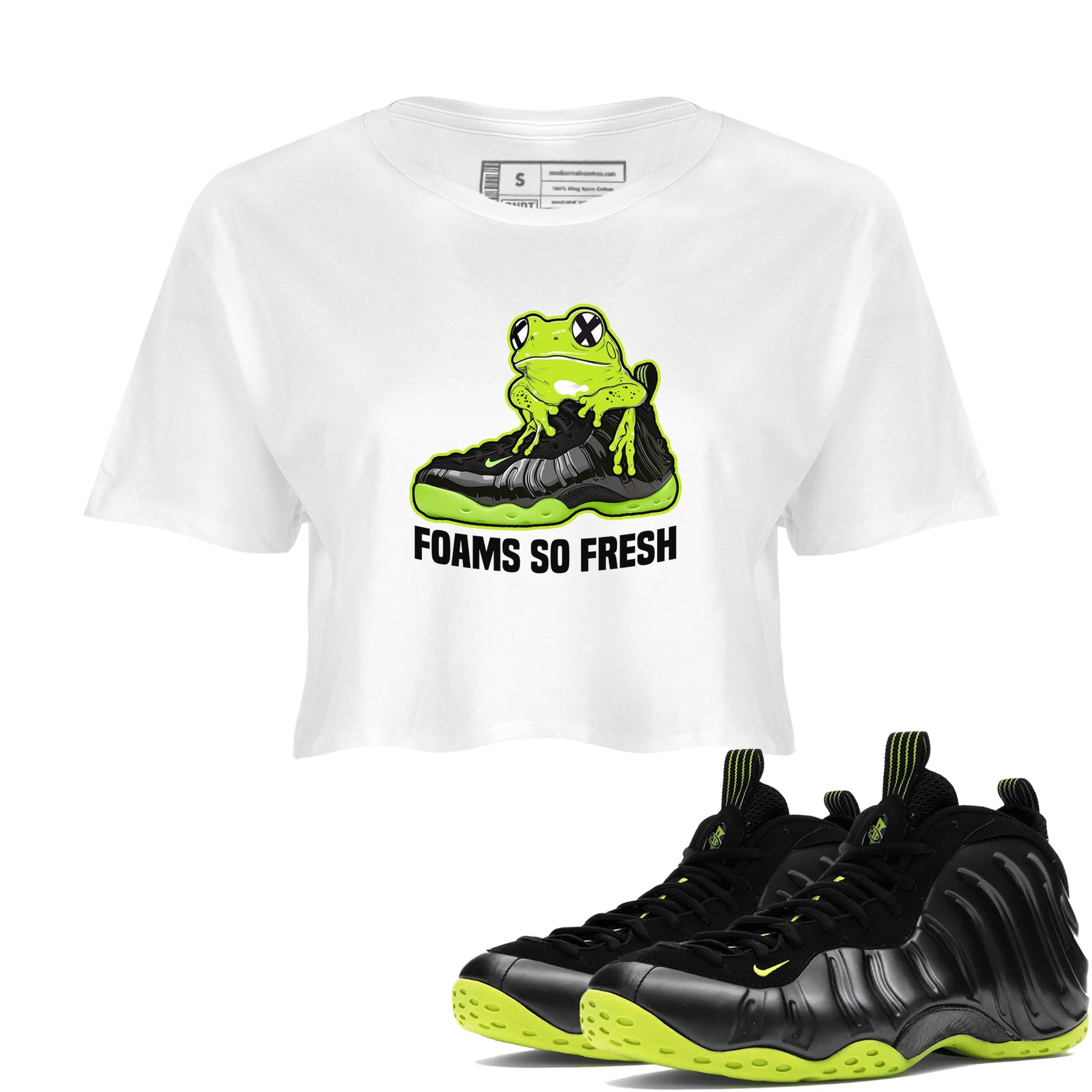Foams One Black Volt best t shirts to wear with jordans Foams So Fresh sneaker match tees Air Foamposite One Black Volt match shoes to clothes SNRT Sneaker Tees unisex cotton White 1 crop tee