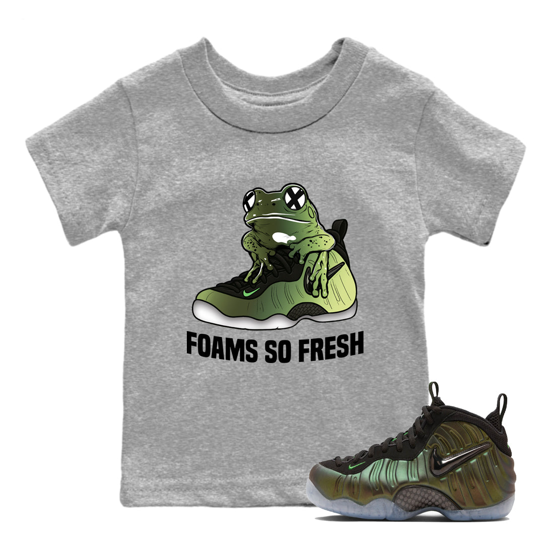 Sneaker match tees – Sneaker Tees To Match Air Foamposite One Pine Green Shoes – Foams So Fresh Kids T-Shirt Heather Grey 1