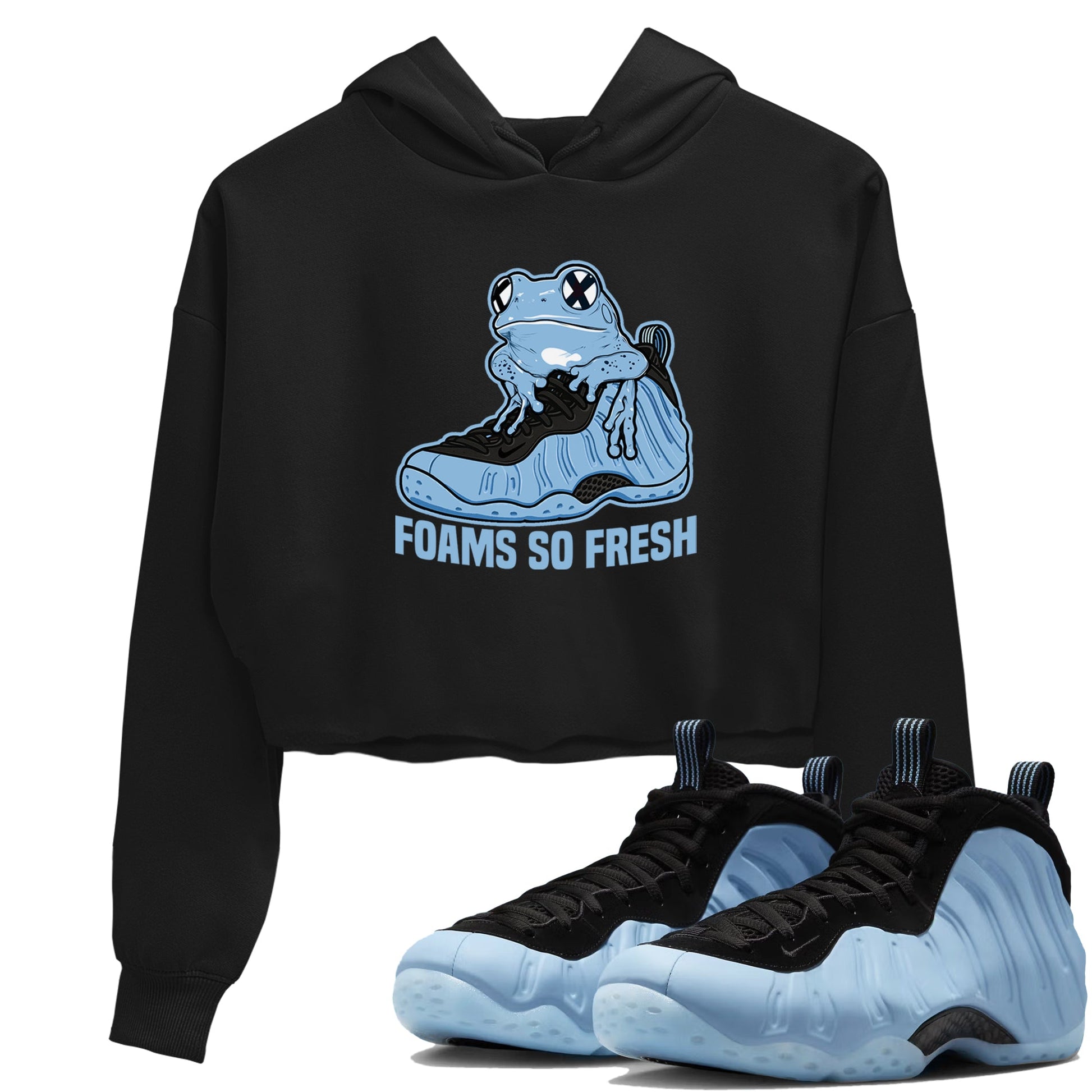 Foams So Fresh womens crop tee made to vibe with the Air Foamposite One Psychic Blue sneakers — the perfect match in Black 1.