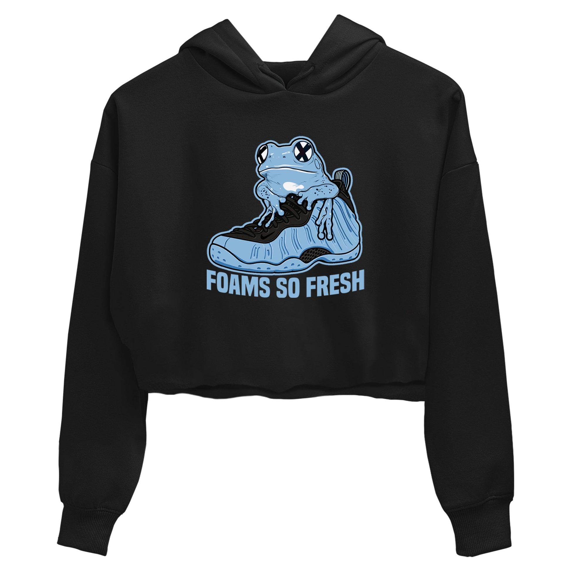 Foams So Fresh womens crop tee made to vibe with the Air Foamposite One Psychic Blue sneakers — the perfect match in Black 2.