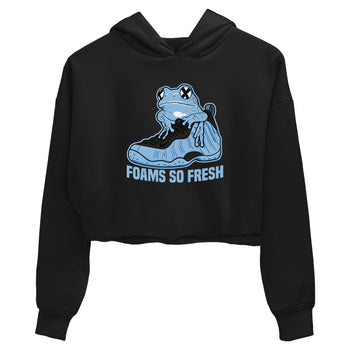 Foams So Fresh womens crop tee made to vibe with the Air Foamposite One Psychic Blue sneakers — the perfect match in Black 2.