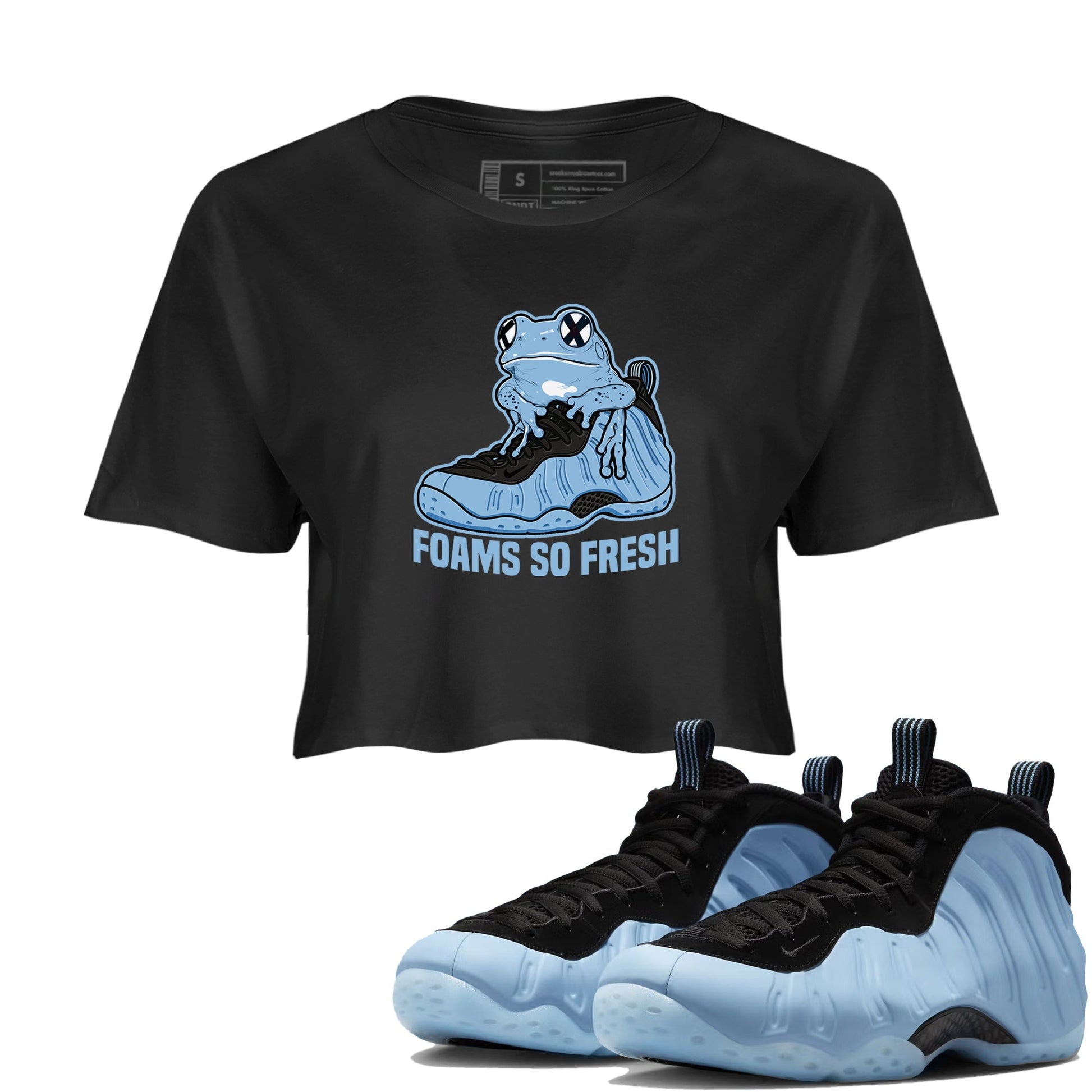 Foams So Fresh womens crop tee made to vibe with the Air Foamposite One Psychic Blue sneakers — the perfect match in Black 1.
