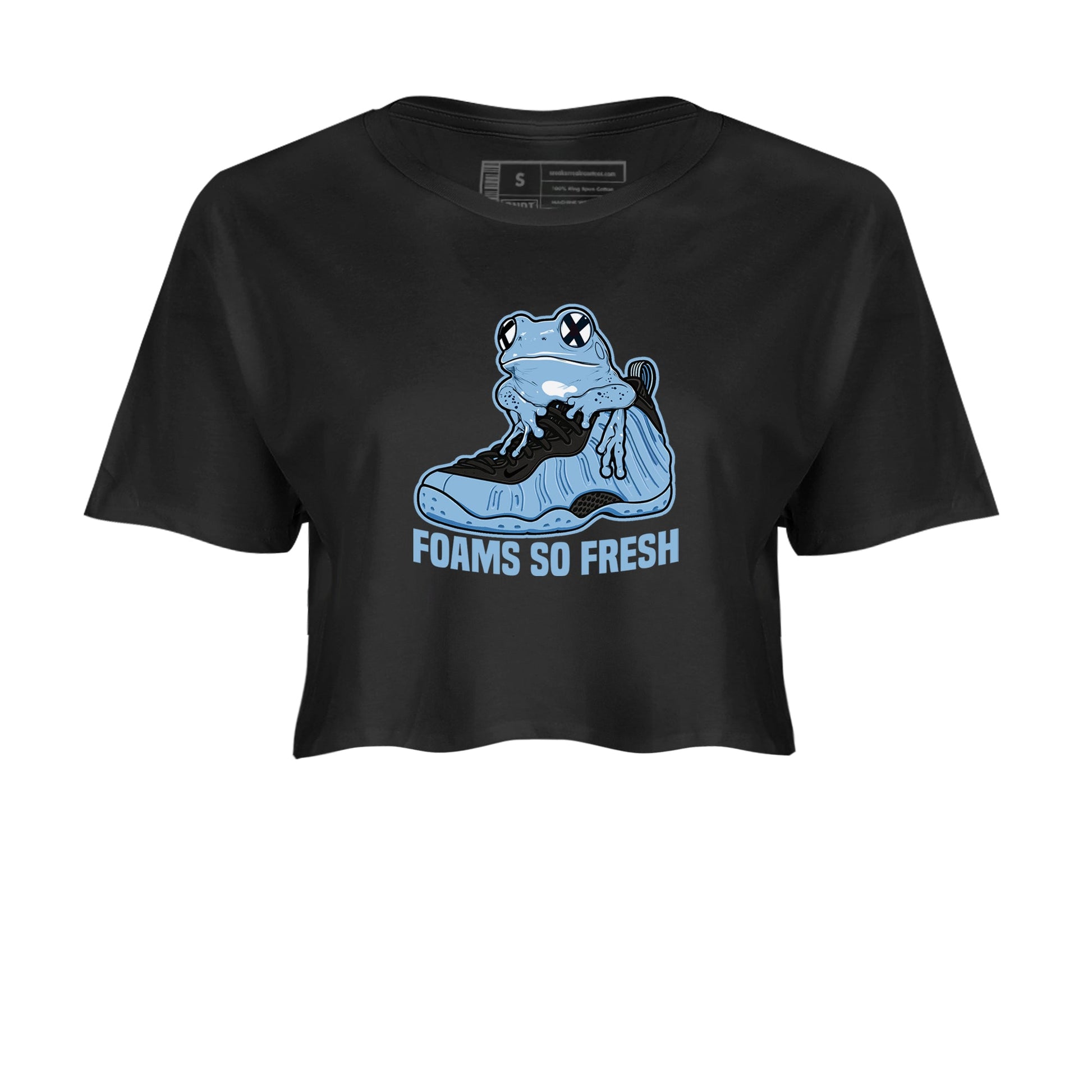 Foams So Fresh womens crop tee made to vibe with the Air Foamposite One Psychic Blue sneakers — the perfect match in Black 2.