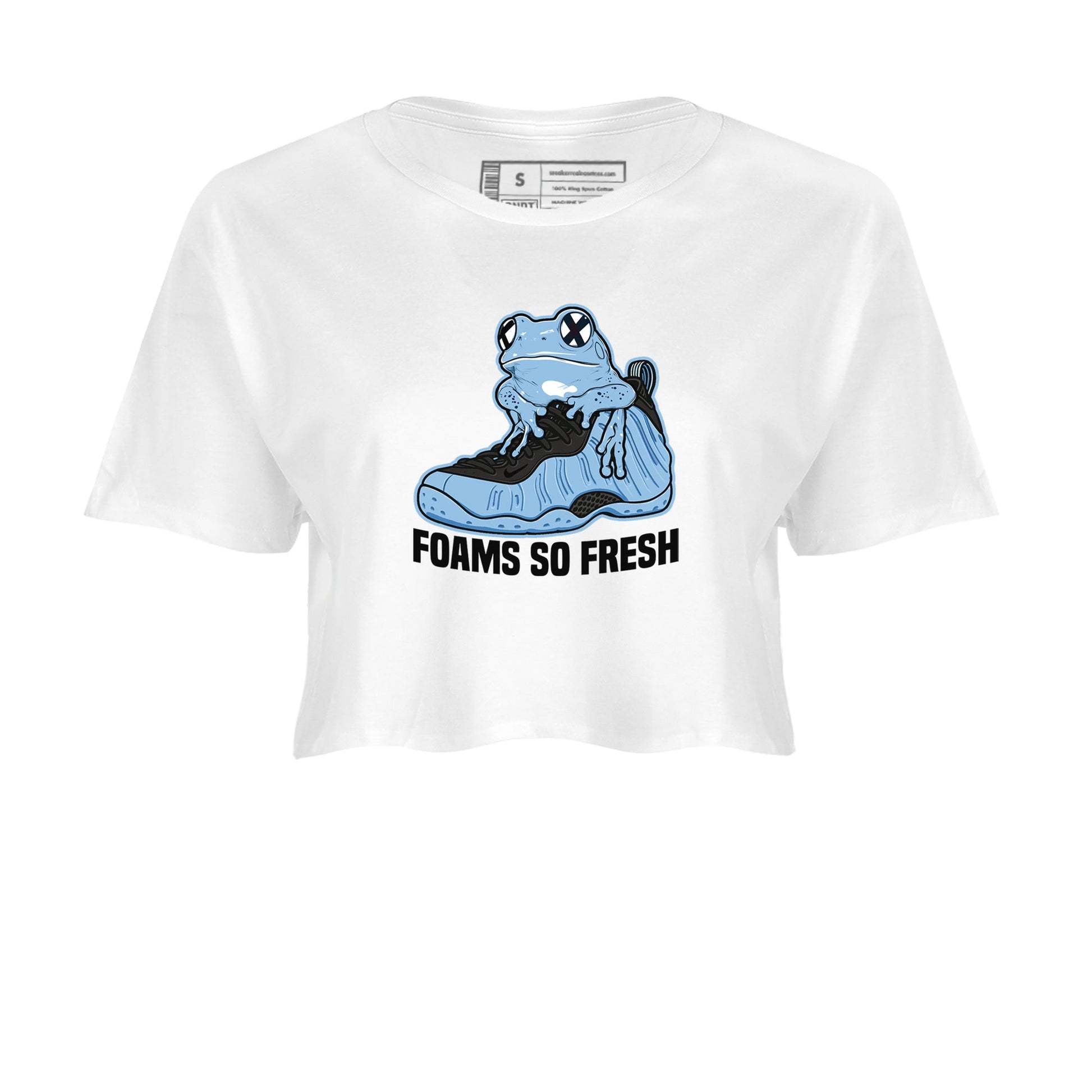 Foams So Fresh womens crop tee made to vibe with the Air Foamposite One Psychic Blue sneakers — the perfect match in White 2.