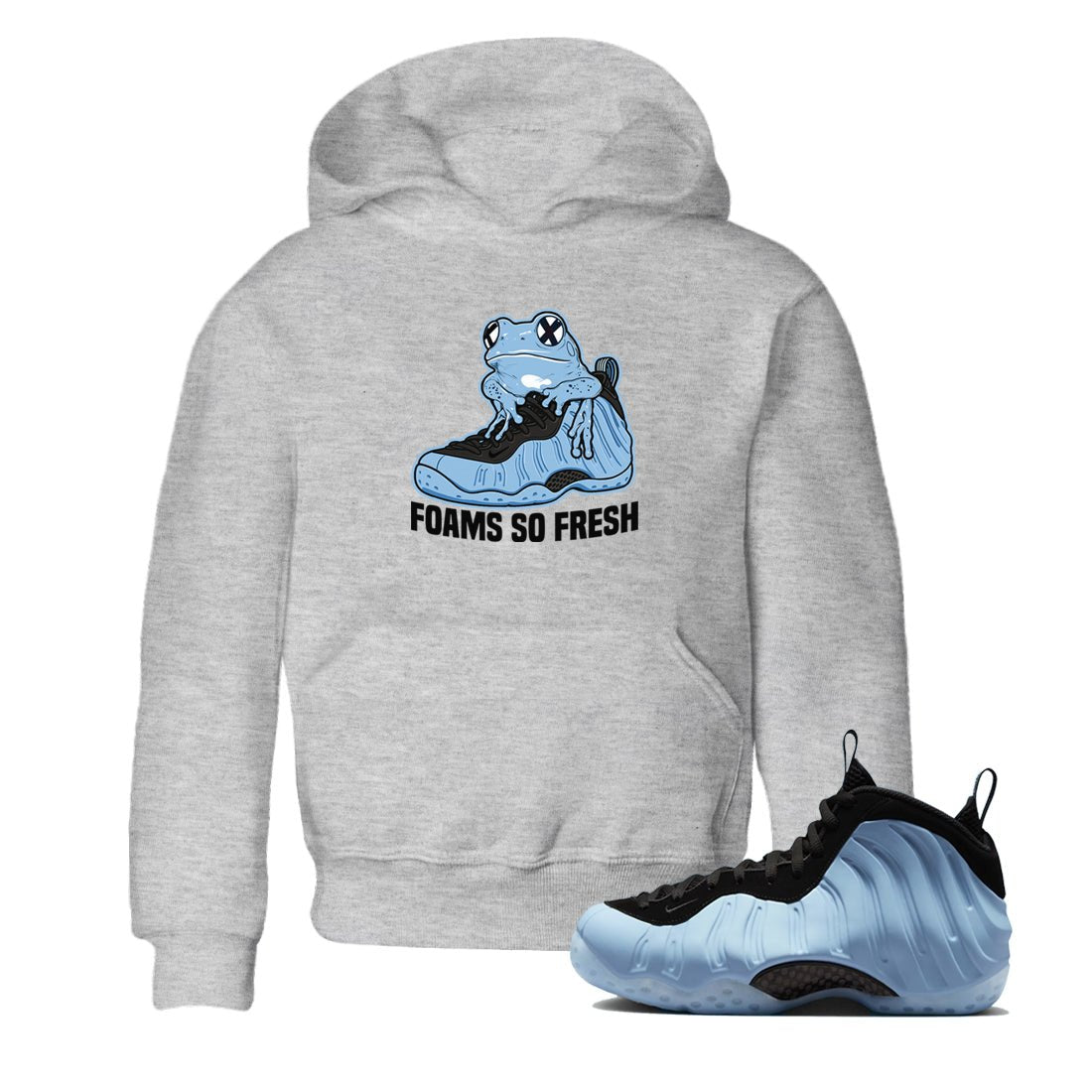 Foams So Fresh baby and kids t-shirt crafted for little sneakerheads to shine with the Air Foamposite One Psychic Blue sneakers, displayed in Heather Grey 1.