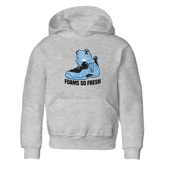 Foams So Fresh baby and kids t-shirt crafted for little sneakerheads to shine with the Air Foamposite One Psychic Blue sneakers, displayed in Heather Grey 2.