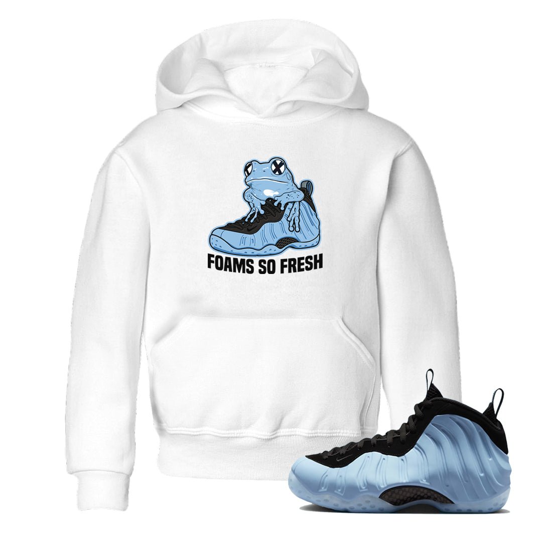Foams So Fresh baby and kids t-shirt crafted for little sneakerheads to shine with the Air Foamposite One Psychic Blue sneakers, displayed in White 1.