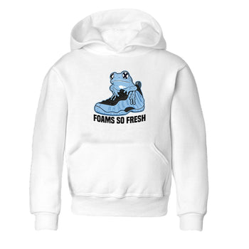 Foams So Fresh baby and kids t-shirt crafted for little sneakerheads to shine with the Air Foamposite One Psychic Blue sneakers, displayed in White 2.
