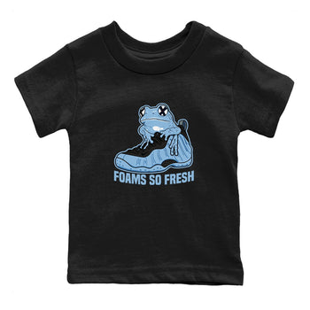 Foams So Fresh baby and kids t-shirt crafted for little sneakerheads to shine with the Air Foamposite One Psychic Blue sneakers, displayed in Black 2.