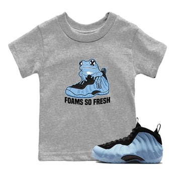 Foams So Fresh baby and kids t-shirt crafted for little sneakerheads to shine with the Air Foamposite One Psychic Blue sneakers, displayed in Heather Grey 1.