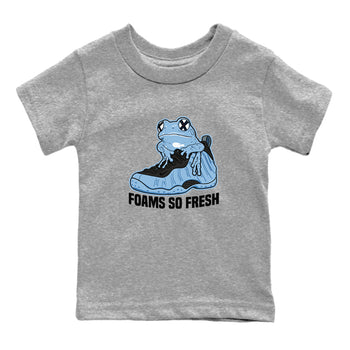 Foams So Fresh baby and kids t-shirt crafted for little sneakerheads to shine with the Air Foamposite One Psychic Blue sneakers, displayed in Heather Grey 2.