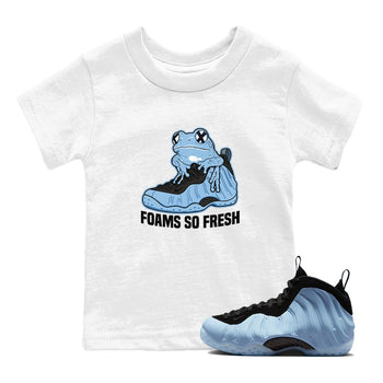 Foams So Fresh baby and kids t-shirt crafted for little sneakerheads to shine with the Air Foamposite One Psychic Blue sneakers, displayed in White 1.