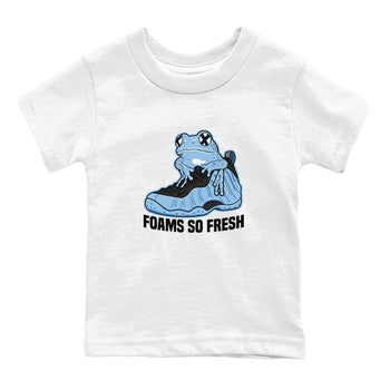 Foams So Fresh baby and kids t-shirt crafted for little sneakerheads to shine with the Air Foamposite One Psychic Blue sneakers, displayed in White 2.