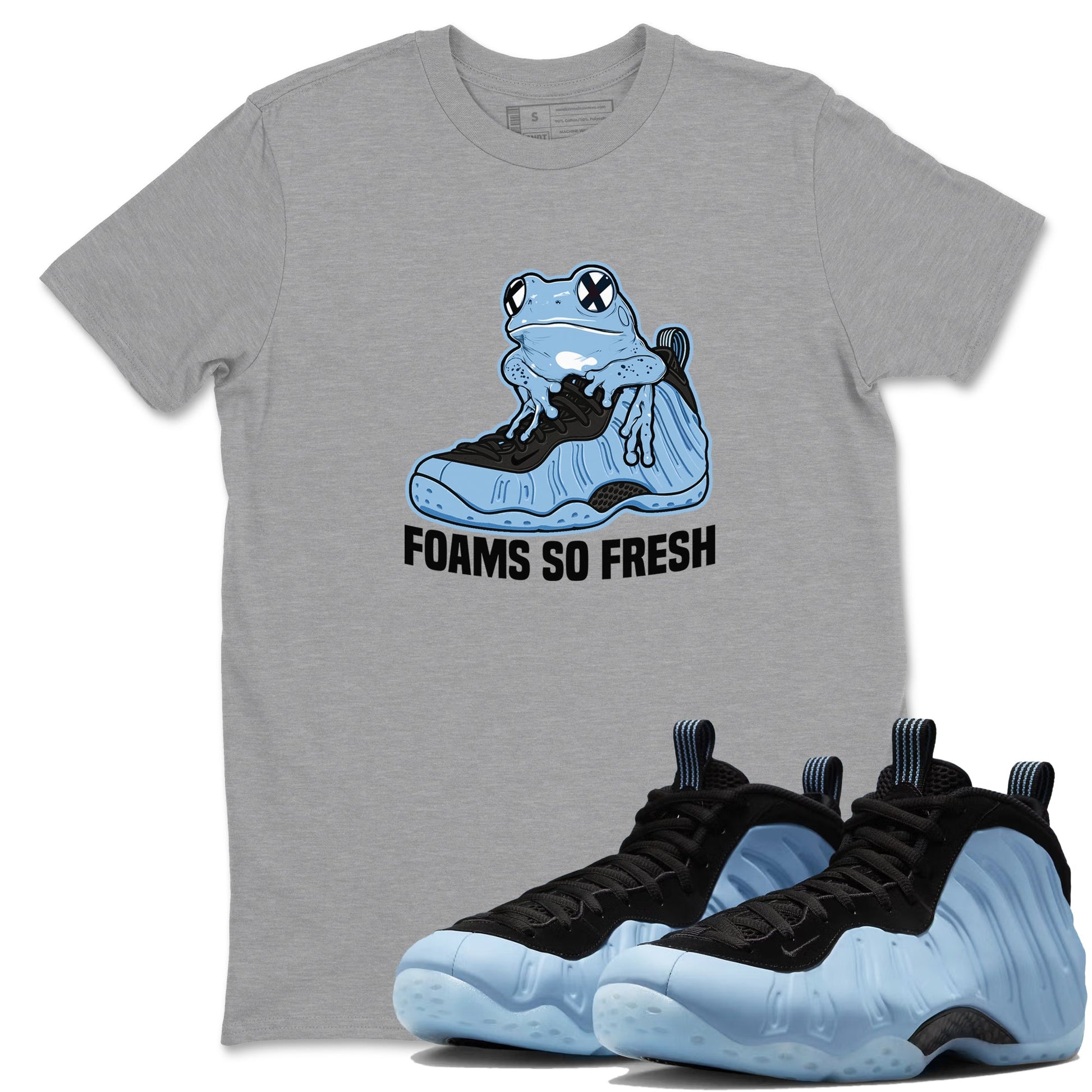 Foams So Fresh sneaker match t-shirt styled to complete your fit with the Air Foamposite One Psychic Blue sneakers, shown in Heather Grey 1.