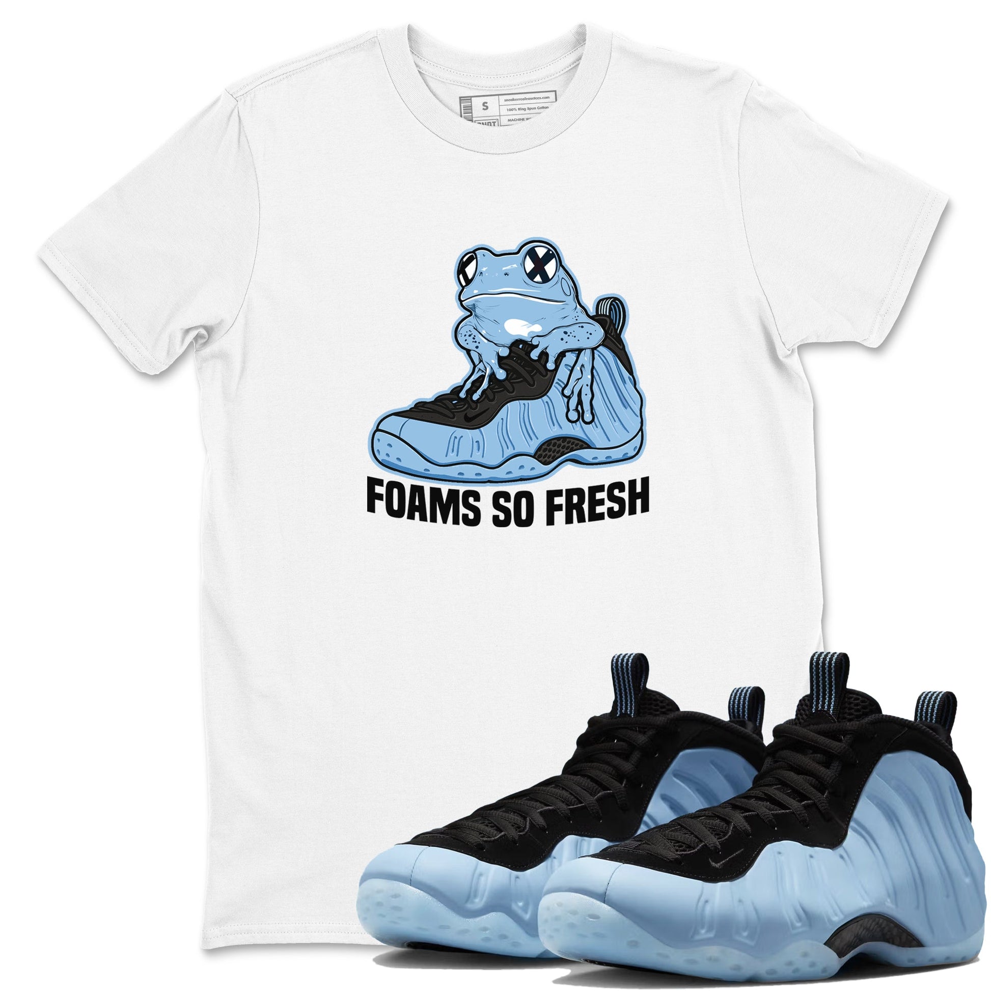 Foams So Fresh sneaker match t-shirt styled to complete your fit with the Air Foamposite One Psychic Blue sneakers, shown in White 1.