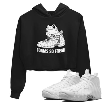 Foams So Fresh womens crop tee made to vibe with the Air Foamposite One Triple White sneakers — the perfect match in Black 1.