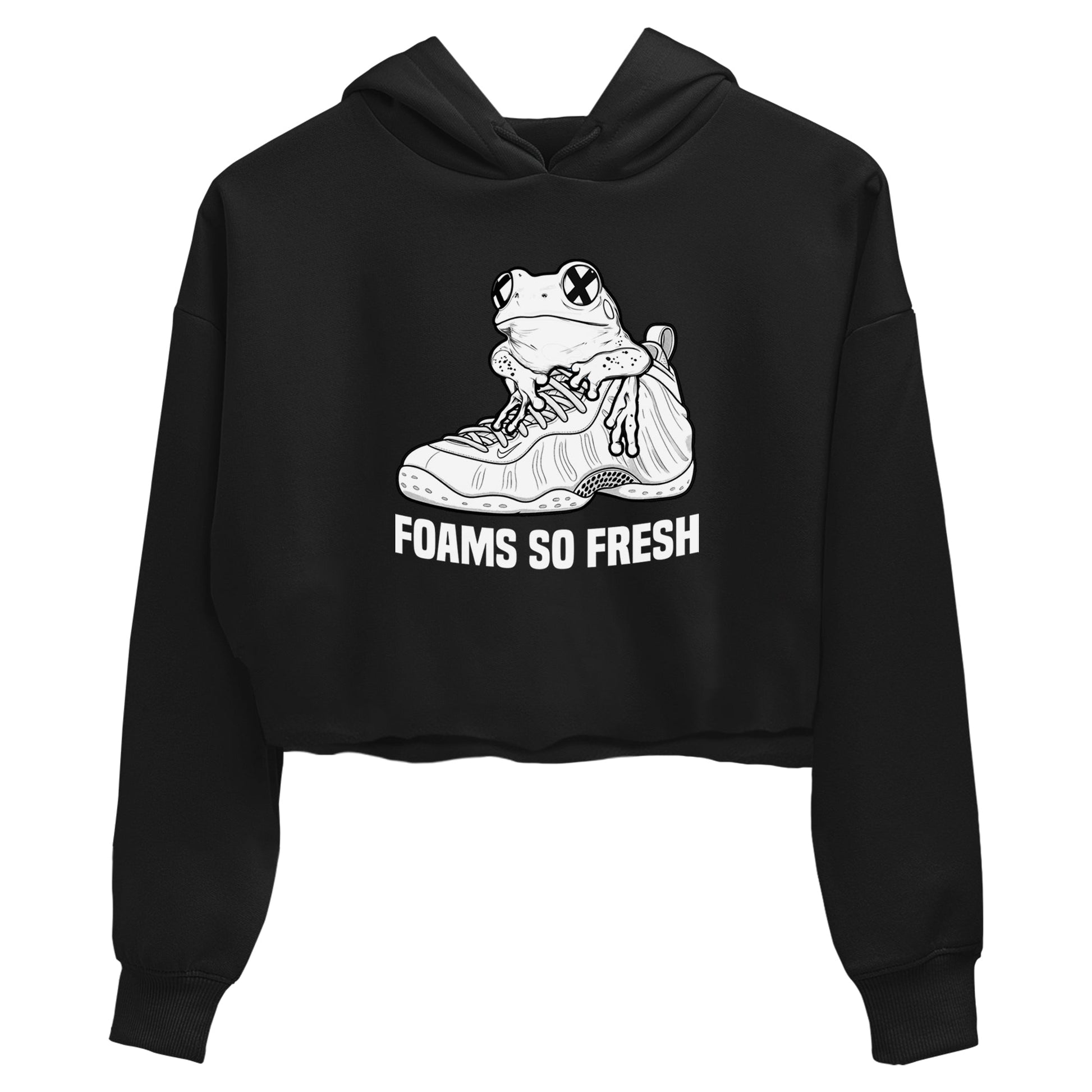 Foams So Fresh womens crop tee made to vibe with the Air Foamposite One Triple White sneakers — the perfect match in Black 2.