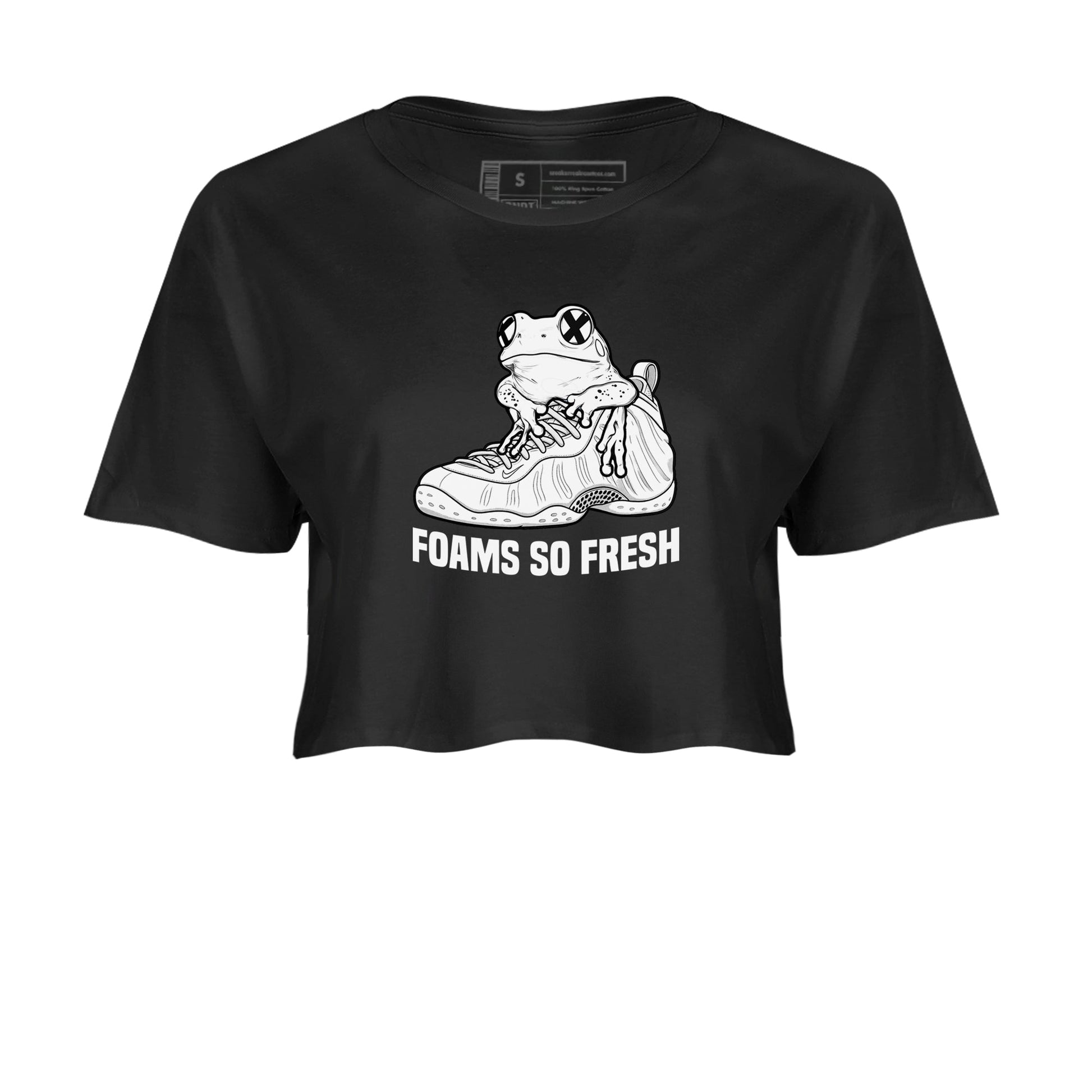 Foams So Fresh womens crop tee made to vibe with the Air Foamposite One Triple White sneakers — the perfect match in Black 2.