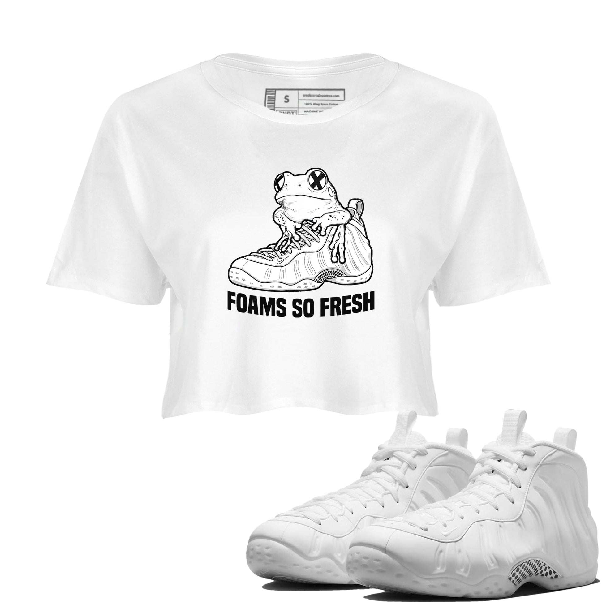 Foams So Fresh womens crop tee made to vibe with the Air Foamposite One Triple White sneakers — the perfect match in White 1.