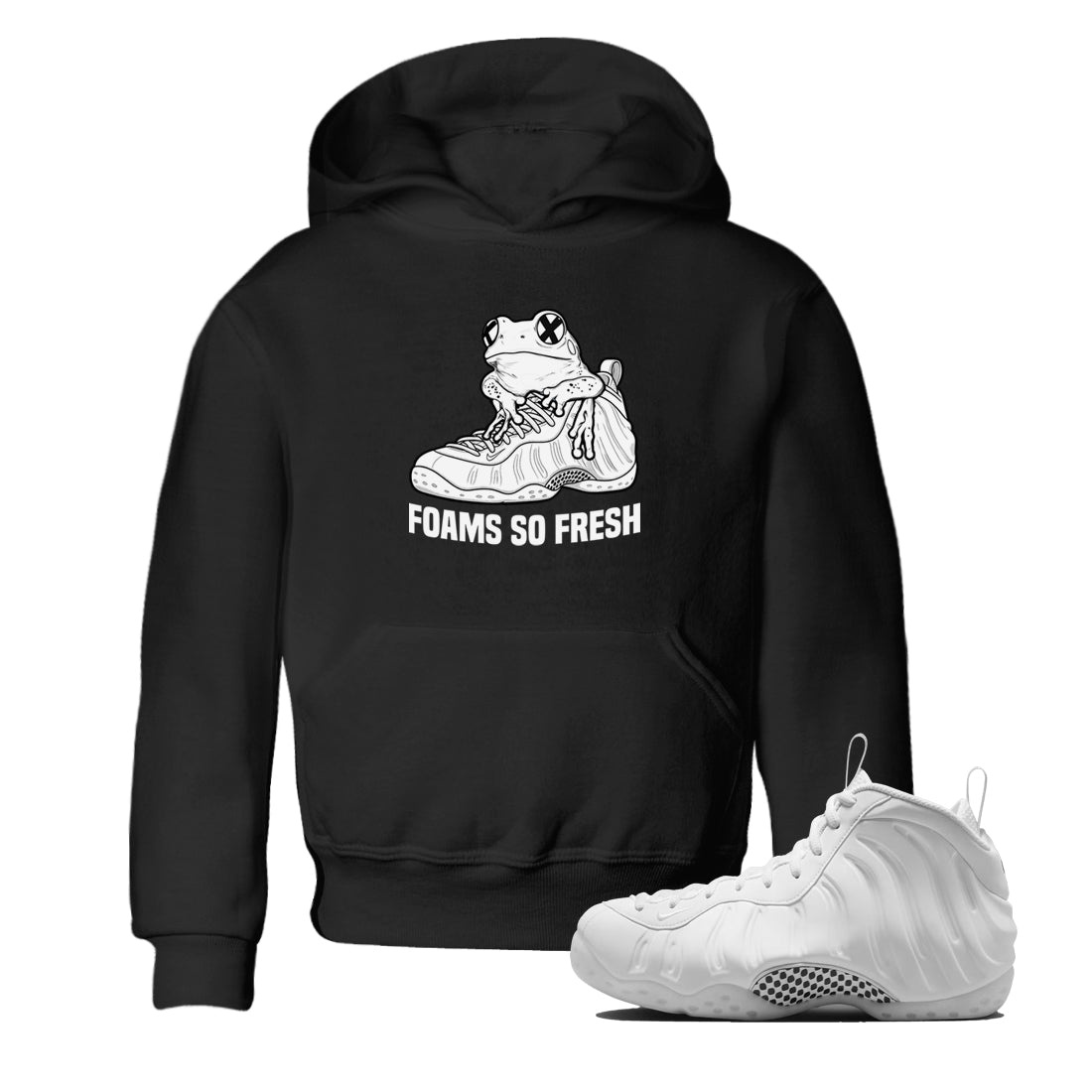 Foams So Fresh baby and kids t-shirt crafted for little sneakerheads to shine with the Air Foamposite One Triple White sneakers, displayed in Black 1.