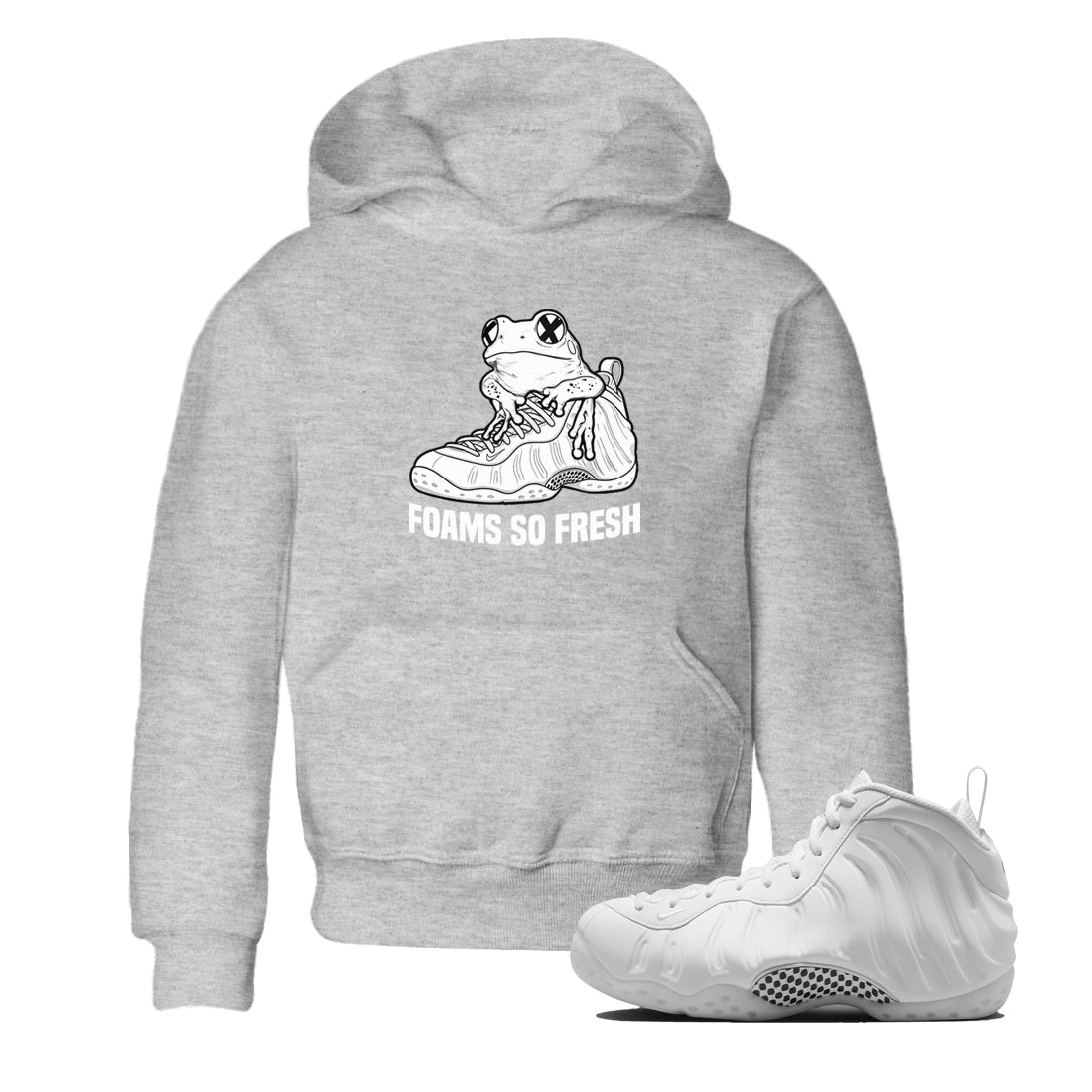Foams So Fresh baby and kids t-shirt crafted for little sneakerheads to shine with the Air Foamposite One Triple White sneakers, displayed in Heather Grey 1.