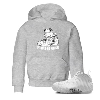 Foams So Fresh baby and kids t-shirt crafted for little sneakerheads to shine with the Air Foamposite One Triple White sneakers, displayed in Heather Grey 1.