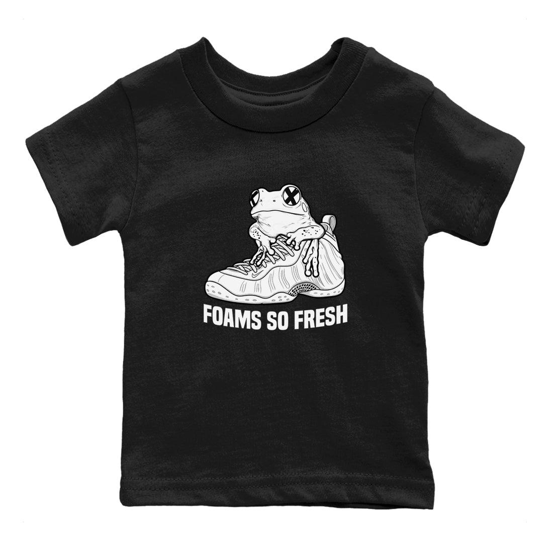 Foams So Fresh baby and kids t-shirt crafted for little sneakerheads to shine with the Air Foamposite One Triple White sneakers, displayed in Black 2.