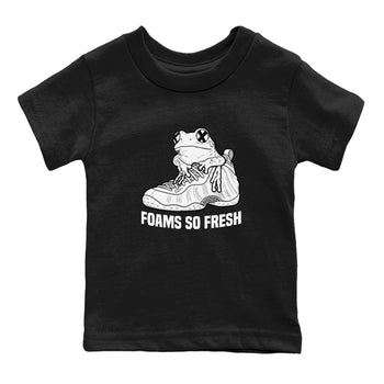 Foams So Fresh baby and kids t-shirt crafted for little sneakerheads to shine with the Air Foamposite One Triple White sneakers, displayed in Black 2.