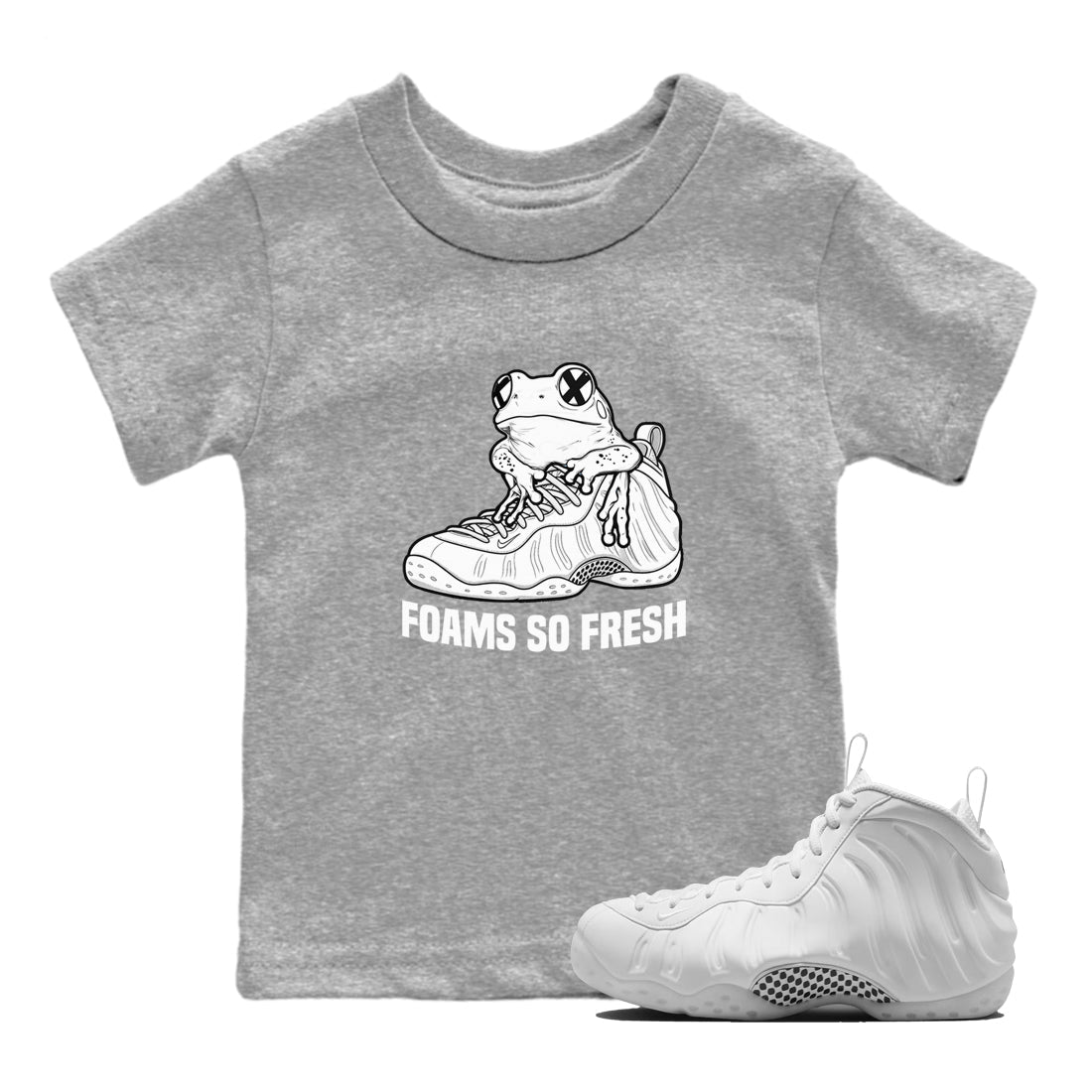 Foams So Fresh baby and kids t-shirt crafted for little sneakerheads to shine with the Air Foamposite One Triple White sneakers, displayed in Heather Grey 1.