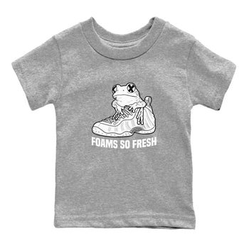 Foams So Fresh baby and kids t-shirt crafted for little sneakerheads to shine with the Air Foamposite One Triple White sneakers, displayed in Heather Grey 2.