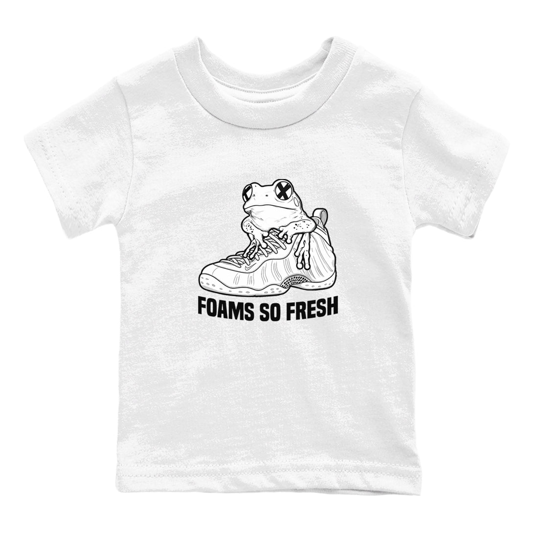 Foams So Fresh baby and kids t-shirt crafted for little sneakerheads to shine with the Air Foamposite One Triple White sneakers, displayed in White 2.