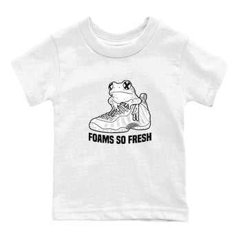 Foams So Fresh baby and kids t-shirt crafted for little sneakerheads to shine with the Air Foamposite One Triple White sneakers, displayed in White 2.