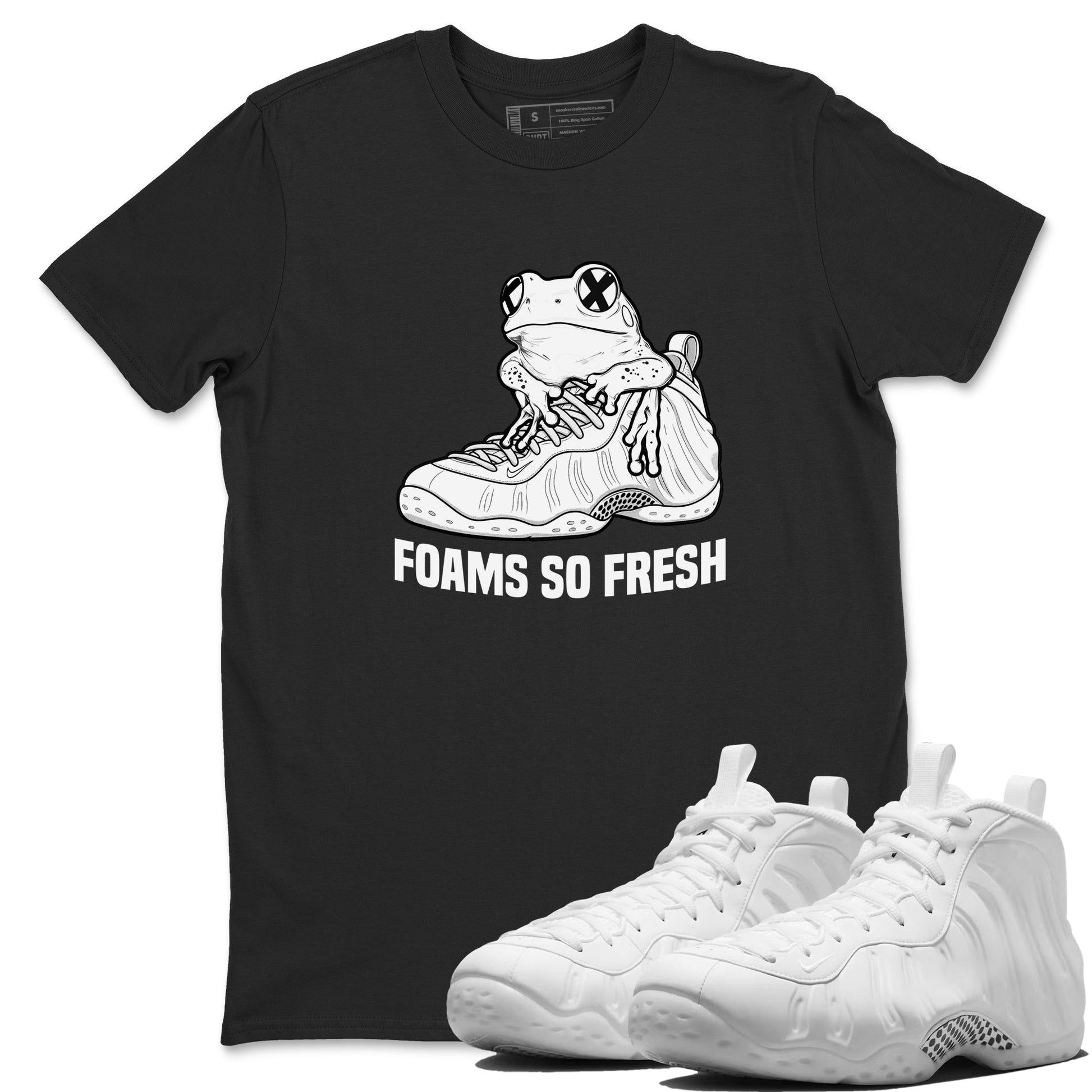 Foams So Fresh sneaker match t-shirt styled to complete your fit with the Air Foamposite One Triple White sneakers, shown in Black 1.