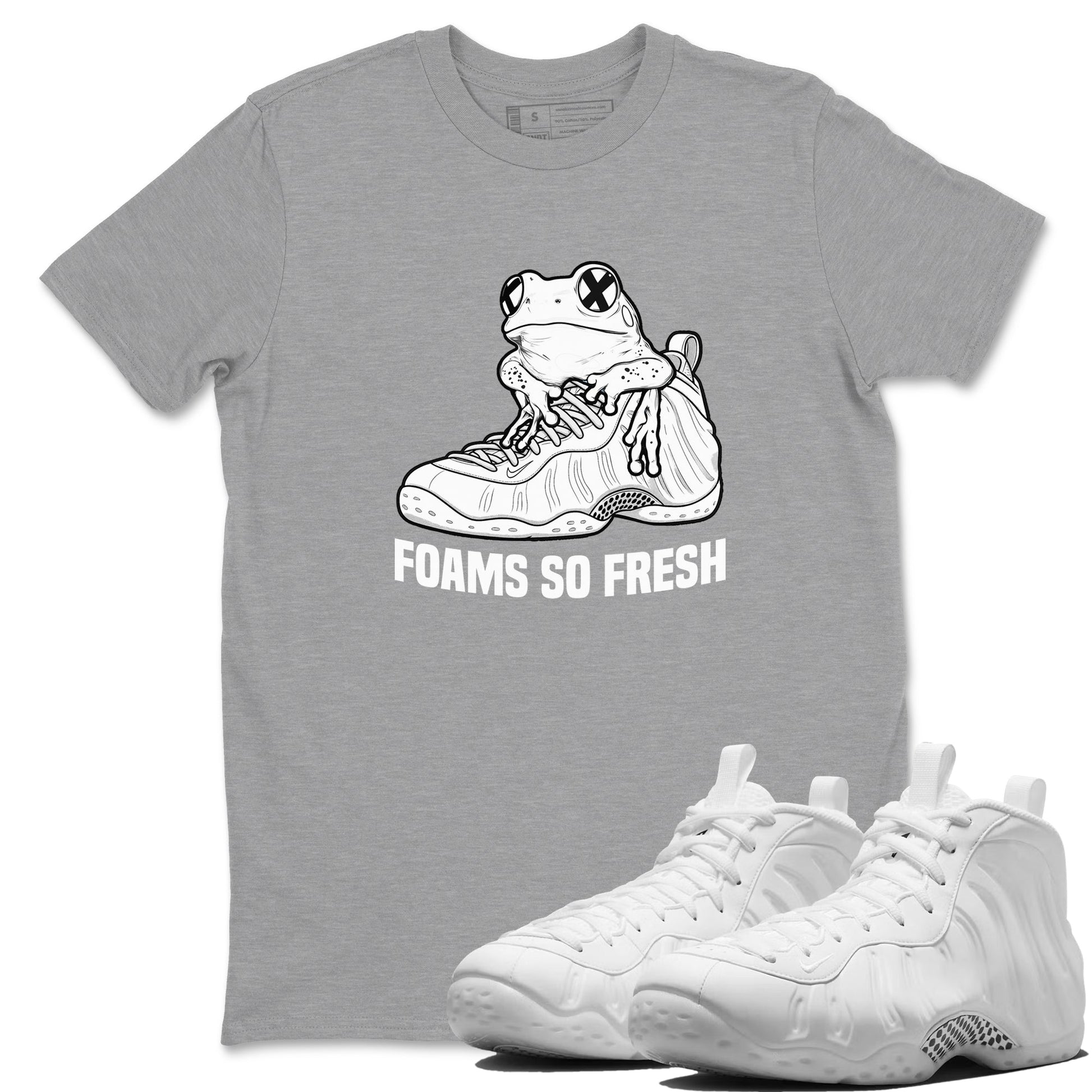 Foams So Fresh sneaker match t-shirt styled to complete your fit with the Air Foamposite One Triple White sneakers, shown in Heather Grey 1.
