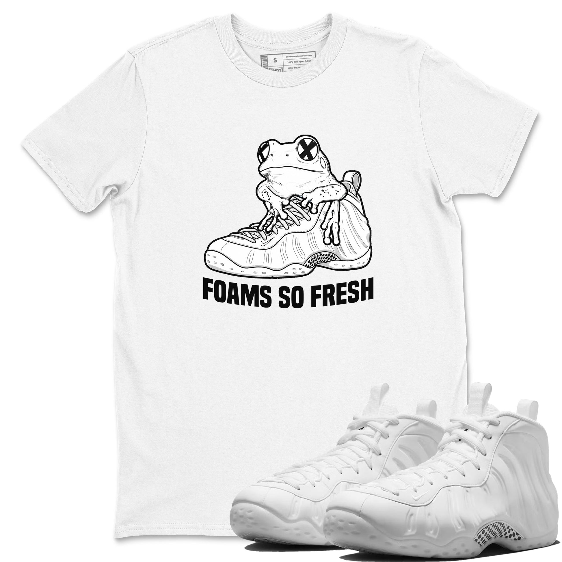 Foams So Fresh sneaker match t-shirt styled to complete your fit with the Air Foamposite One Triple White sneakers, shown in White 1.