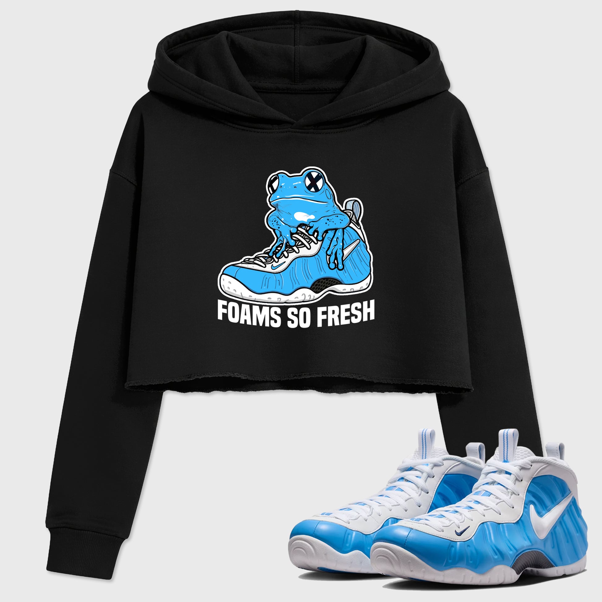 Best Sneakerfit Graphic Tee. Graphic Outfits. Sneaker Tees To Match Air Foamposite One University Blue Sneakers – Foams So Fresh Crop T-Shirt Black 1