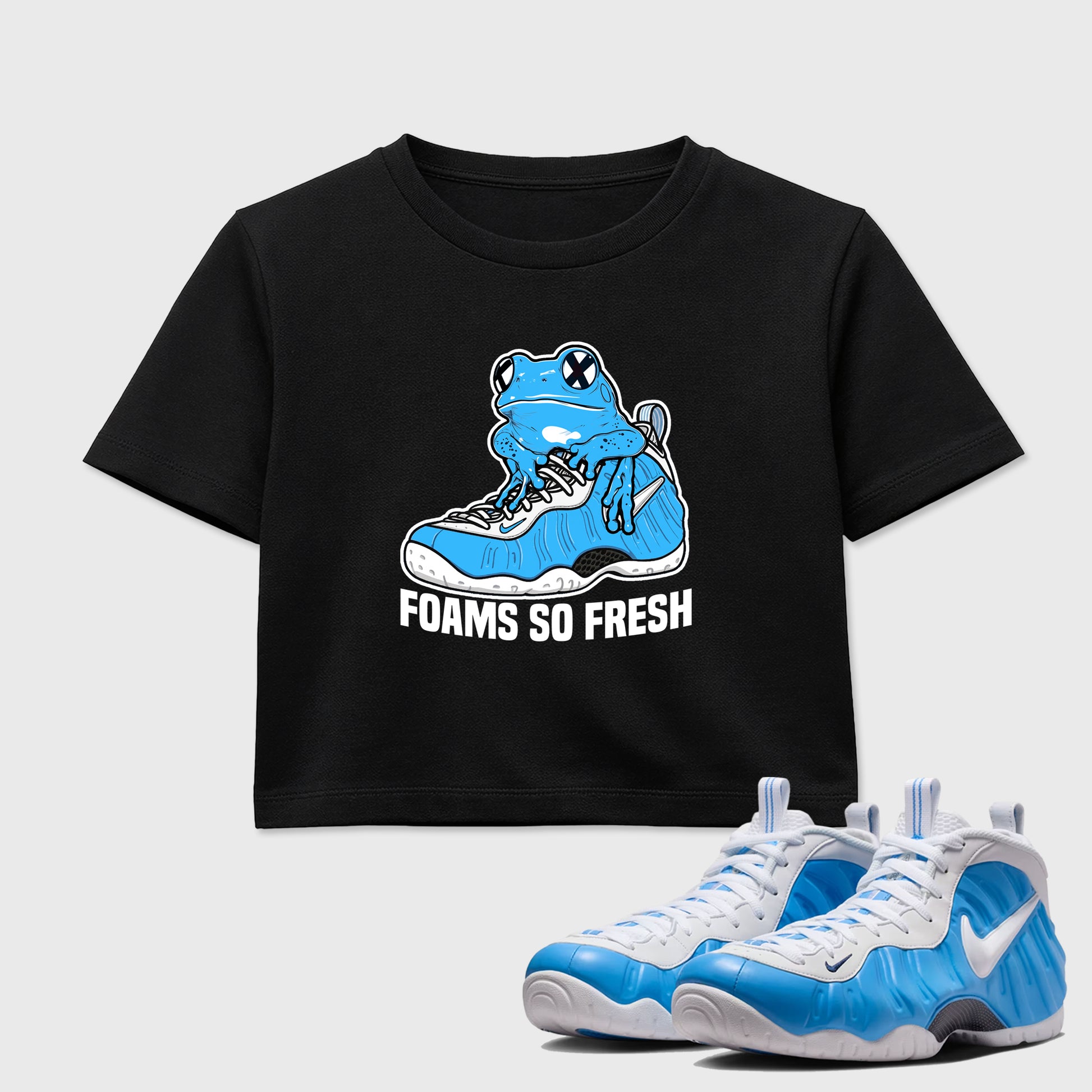 Best Sneakerfit Graphic Tee. Graphic Outfits. Sneaker Tees To Match Air Foamposite One University Blue Sneakers – Foams So Fresh Crop T-Shirt Black 1
