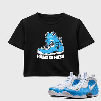 Best Sneakerfit Graphic Tee. Graphic Outfits. Sneaker Tees To Match Air Foamposite One University Blue Sneakers – Foams So Fresh Crop T-Shirt Black 1