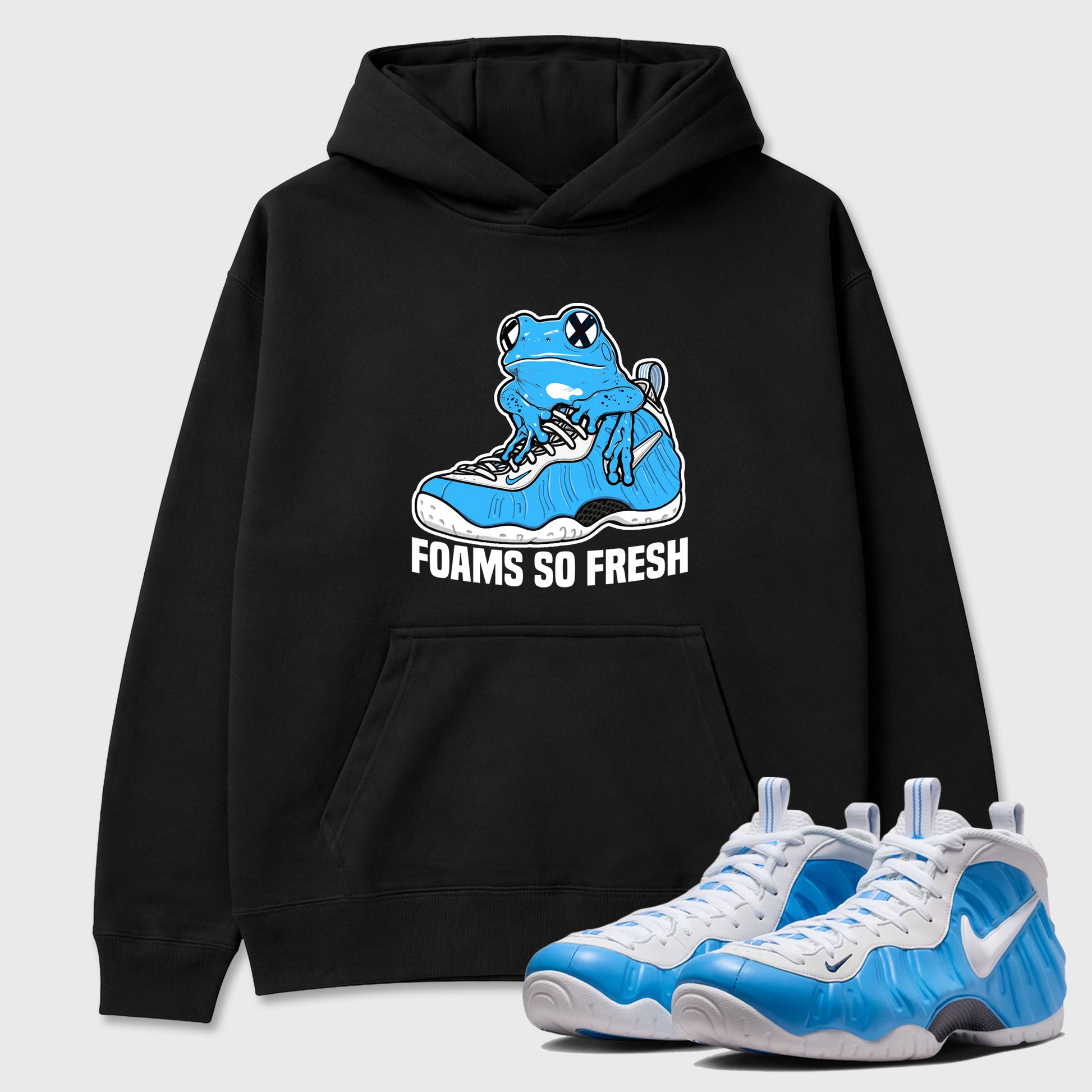 Best Sneakerfit Graphic Tee. Graphic Outfits. Sneaker Tees To Match Air Foamposite One University Blue Sneakers – Foams So Fresh Tee Black 1