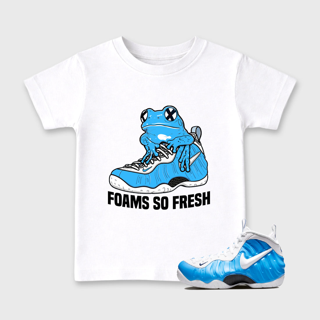 Best Sneakerfit Graphic Tee. Graphic Outfits. Sneaker Tees To Match Air Foamposite One University Blue Sneakers – Foams So Fresh Kids T-Shirt White 1