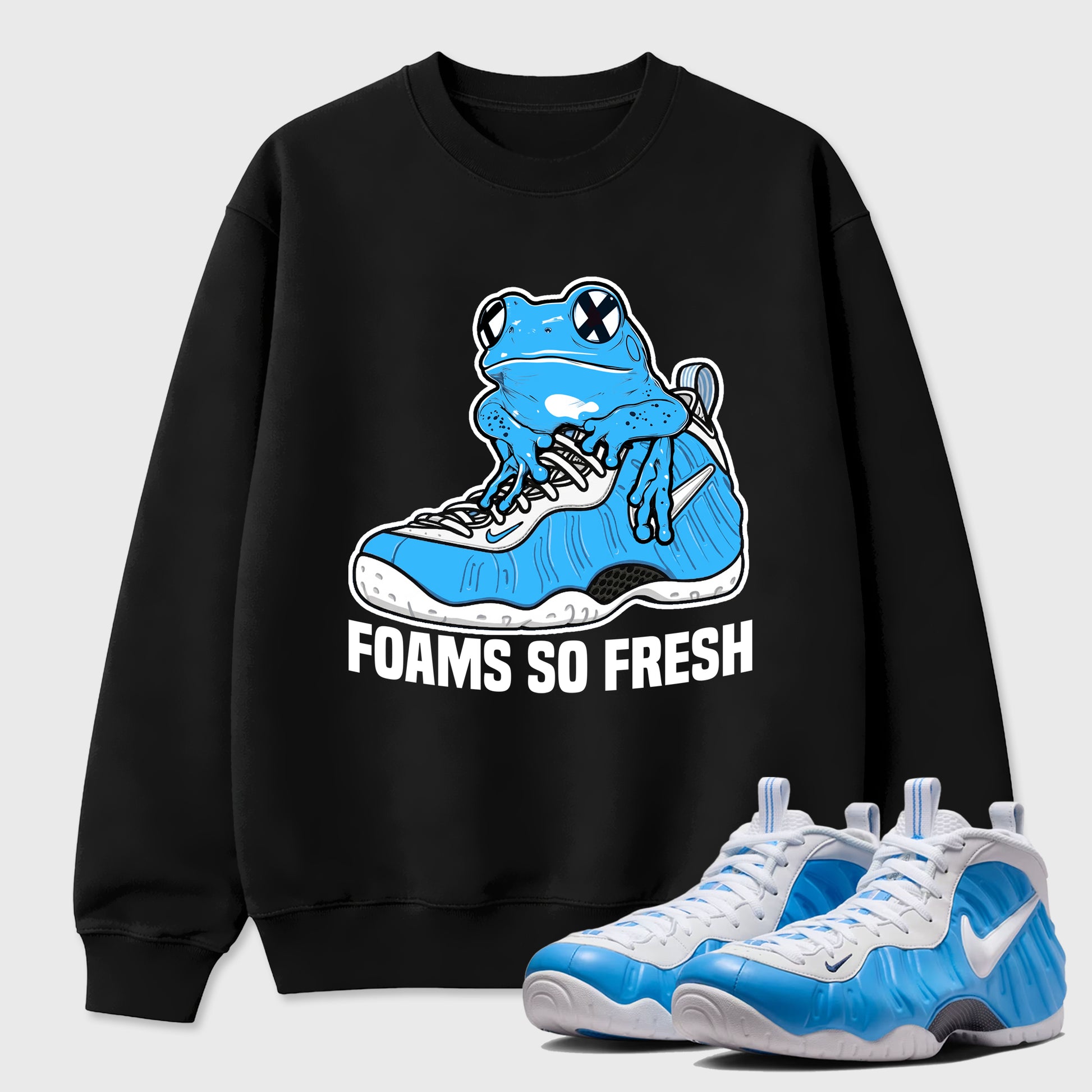 Best Sneakerfit Graphic Tee. Graphic Outfits. Sneaker Tees To Match Air Foamposite One University Blue Sneakers – Foams So Fresh Tee Black 1