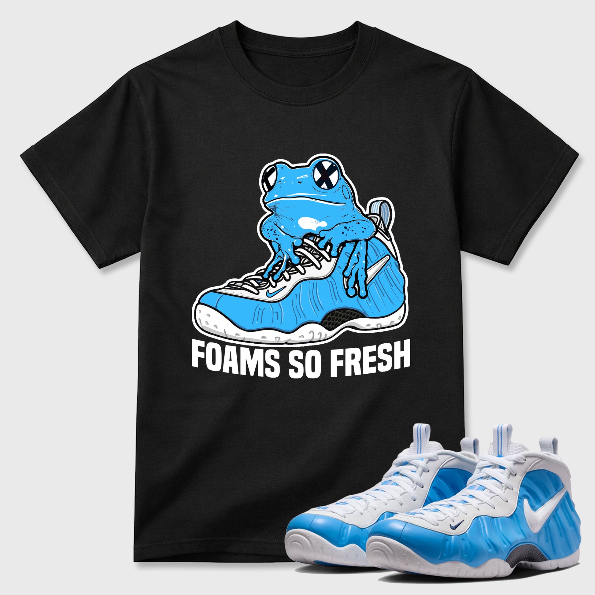 Best Sneakerfit Graphic Tee. Graphic Outfits. Sneaker Tees To Match Air Foamposite One University Blue Sneakers – Foams So Fresh Tee Black 1