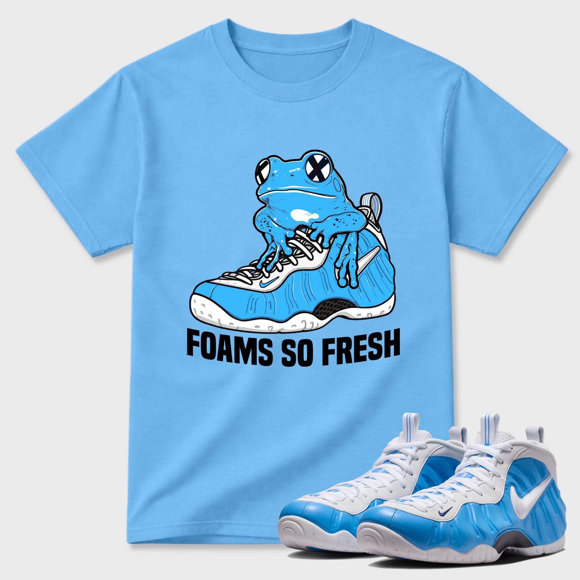 Best Sneakerfit Graphic Tee. Graphic Outfits. Sneaker Tees To Match Air Foamposite One University Blue Sneakers – Foams So Fresh Tee Carolina Blue 1