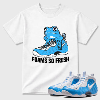 Best Sneakerfit Graphic Tee. Graphic Outfits. Sneaker Tees To Match Air Foamposite One University Blue Sneakers – Foams So Fresh Tee White 1