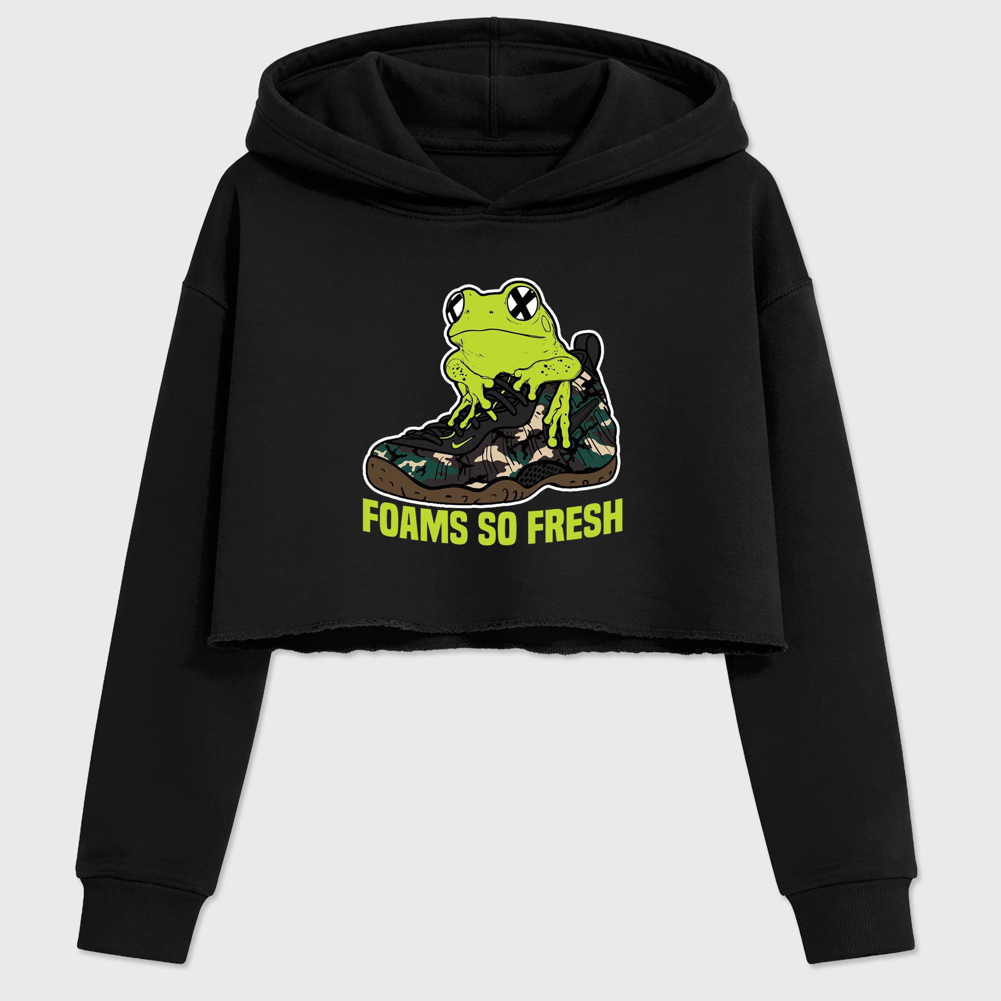 Foams So Fresh Women’s Graphic Crop Tee featuring original streetwear artwork designed to match the Air Foamposite Pro Green Camo. Black 2 Crop Tee.