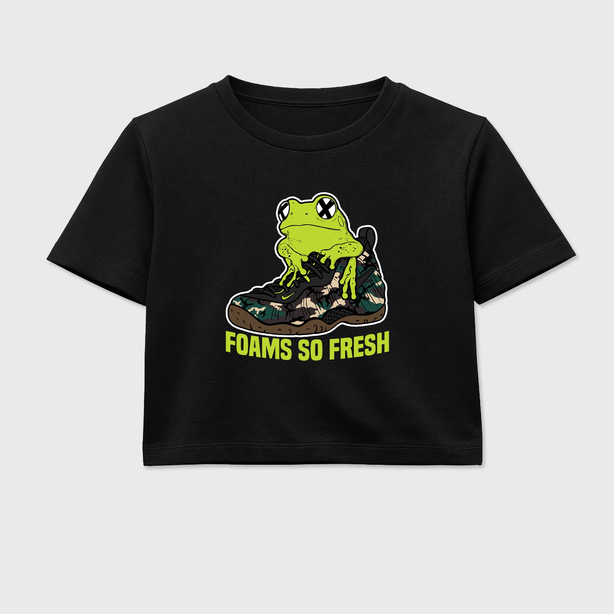 Foams So Fresh women’s crop tee designed to match the Air Foamposite Pro Green Camo, featuring coordinated Black 2 options for a perfect streetwear vibe.