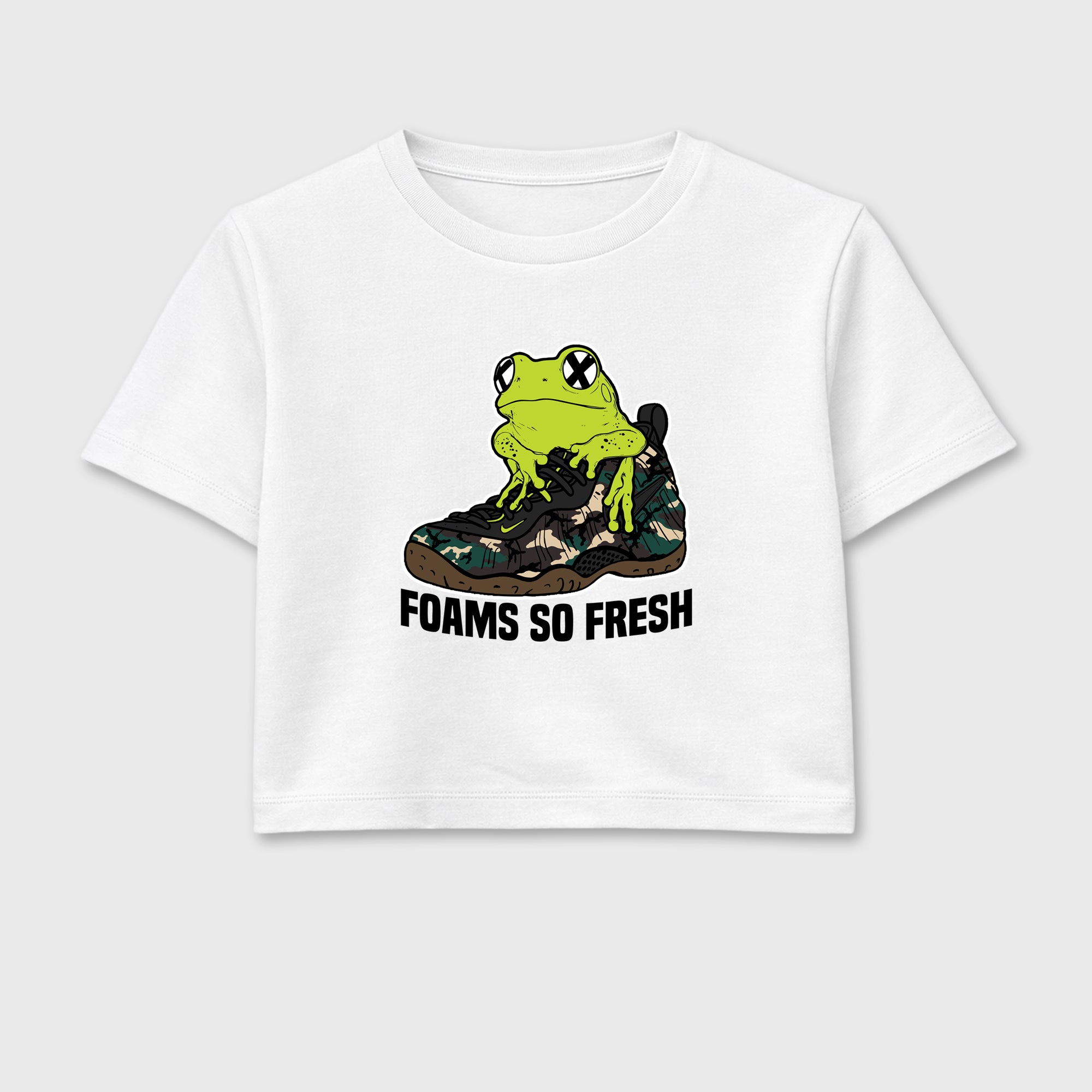 Foams So Fresh women’s crop tee designed to match the Air Foamposite Pro Green Camo, featuring coordinated White 2 options for a perfect streetwear vibe.