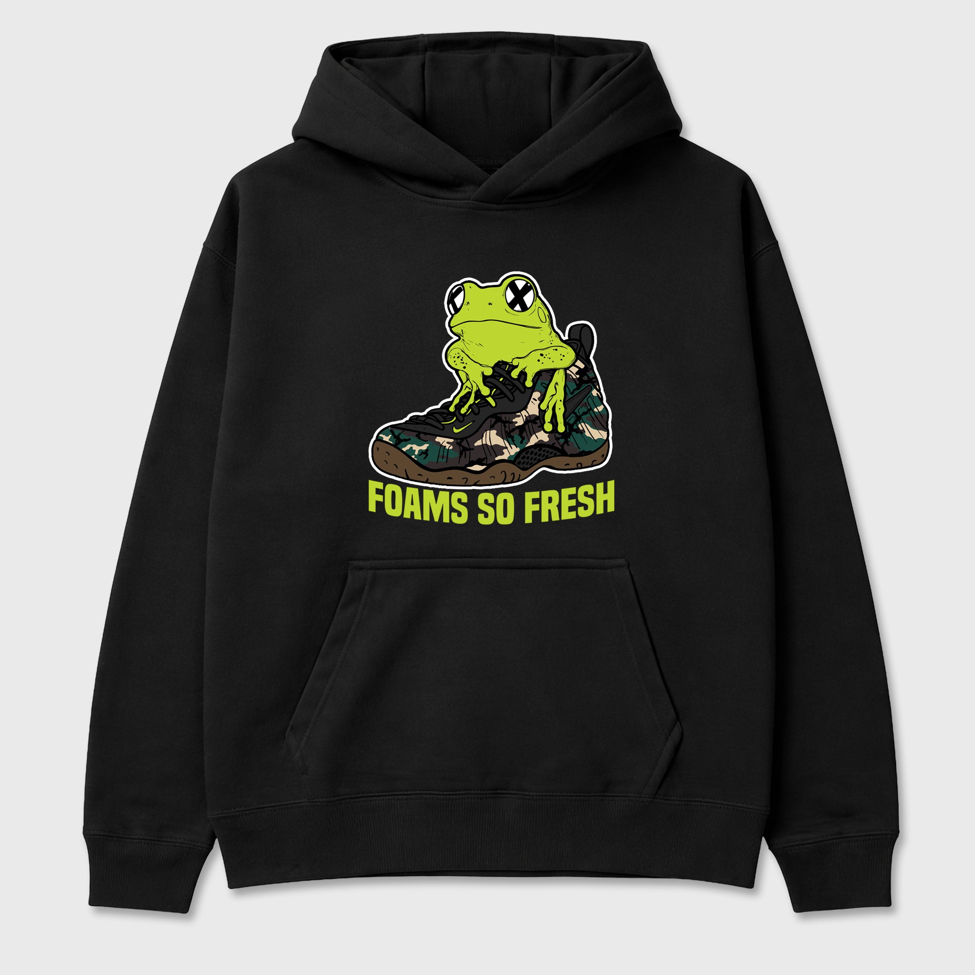Foams So Fresh Graphic T-Shirt featuring original streetwear artwork designed to match the Air Foamposite Pro Green Camo. Black 2 Graphic Tee.